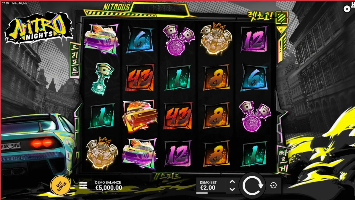 Tampilan visual slot Nitro Nights dengan tema balap jalanan neon