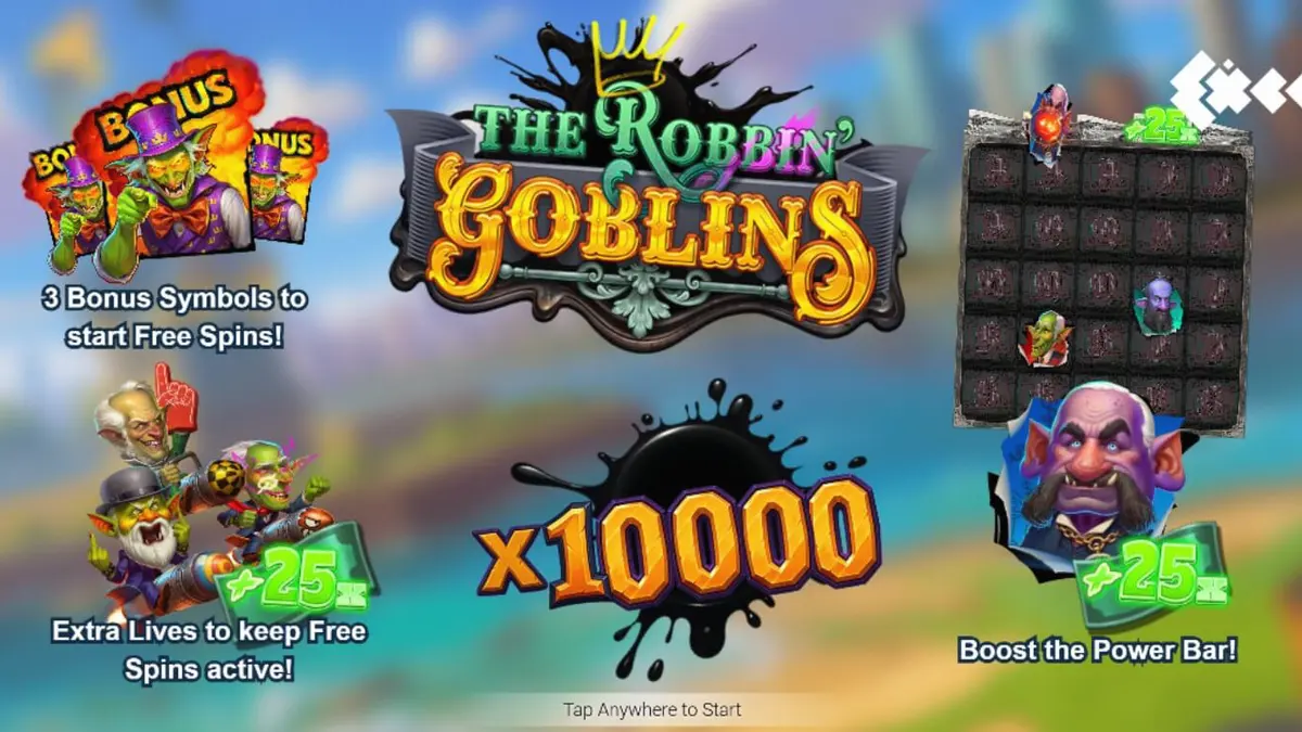 Tampilan visual slot Robbin’ Goblins dengan tema goblin yang kacau dan penuh ledakan.